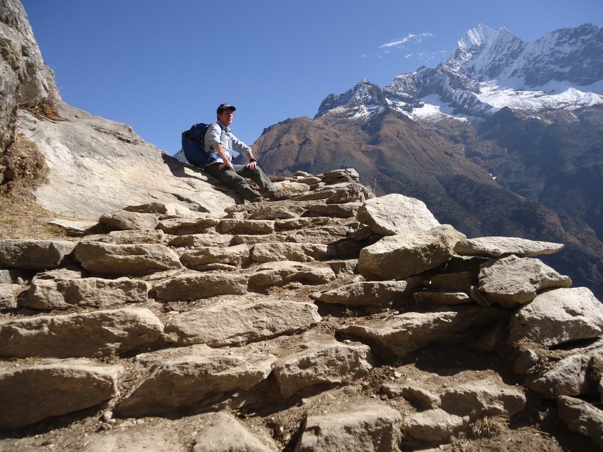 Main Everest Base Camp Trail between Namche Bazaar and Tengboche treacherous steps but a great view.