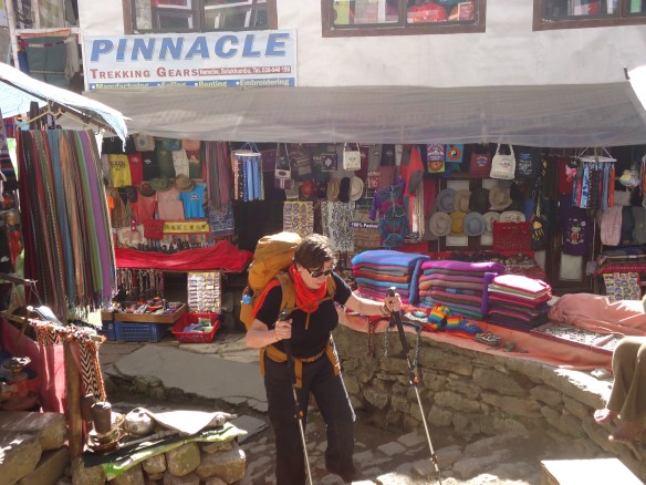 Shops line Namche Bazaar EBC Trek trail