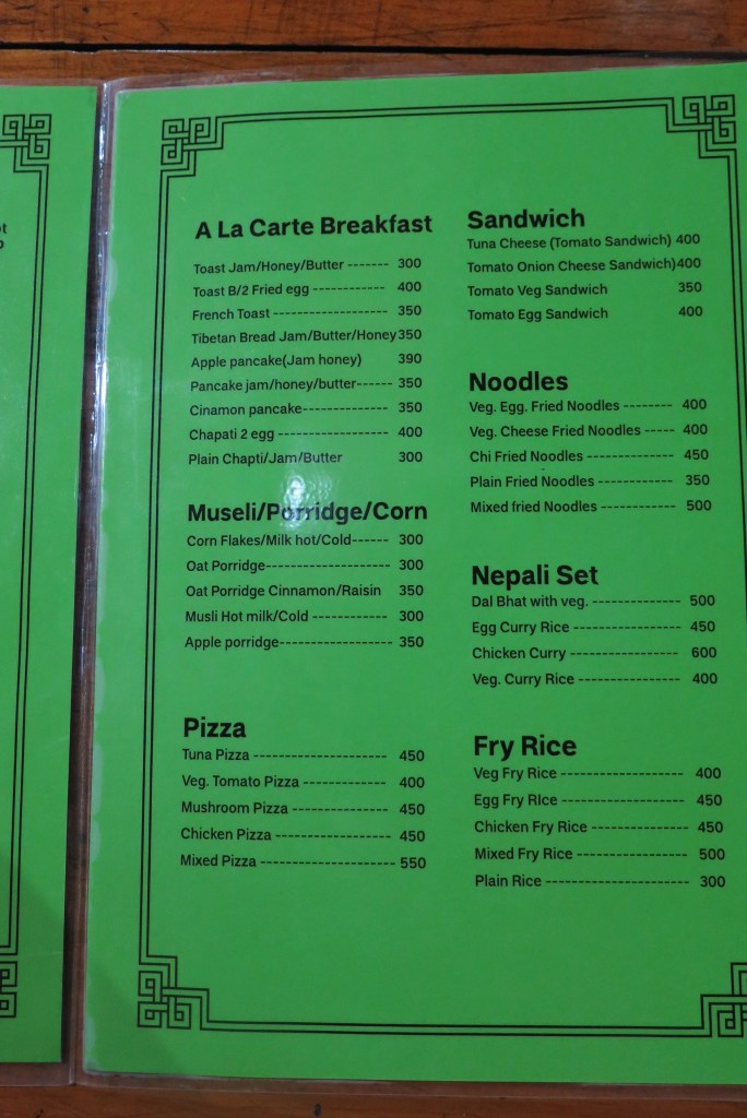 A menu from along the Everest Base Camp trail