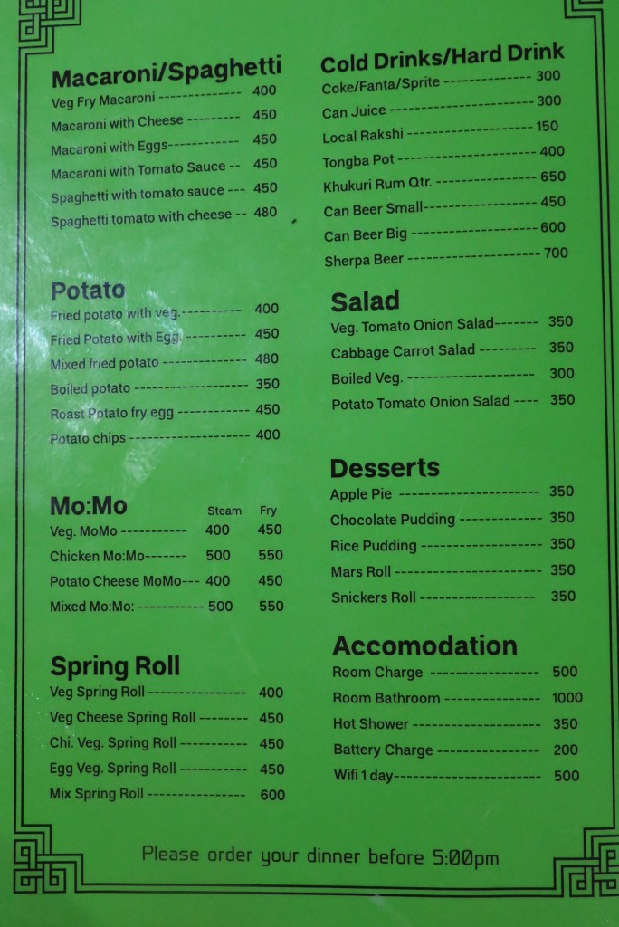 Menu along the EBC trek trail