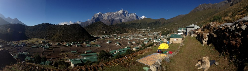 Panarorama above Khumjung looking at village and Kongde Ri