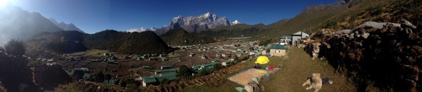 Panarorama above Khumjung looking at village and Kongde Ri